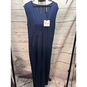 Agnes & Dora Navy Blue V-Neck Straight Leg Jumpsuit Sleeveless Pockets XL NEW